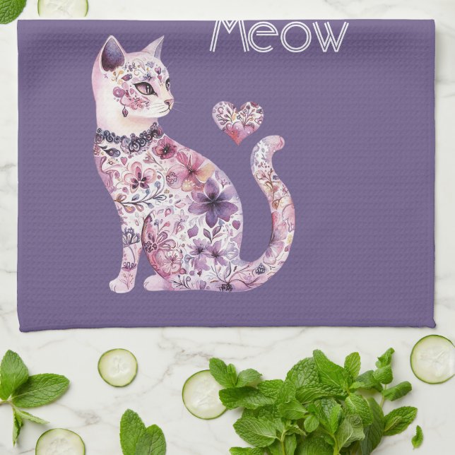 Linge De Cuisine Fleurs de chats d'anniversaire cœurs blancs roses  (Plié)