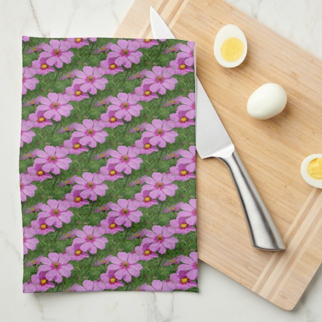 Linge De Cuisine Fleurs de Cosmos rose Motif naturel (Quart Plié)