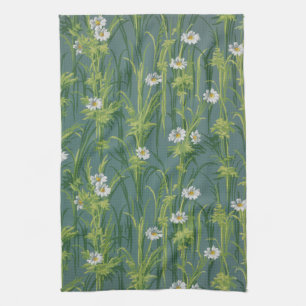 Linge De Cuisine Fleurs de Daisy vintage sur rayures fines gris sar