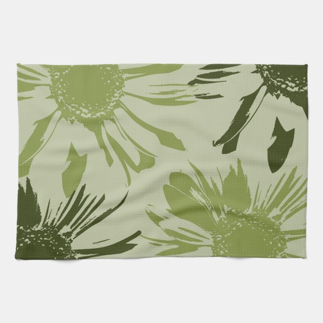 Linge De Cuisine Fleurs de Gerbera verte de chaux (Horizontal)