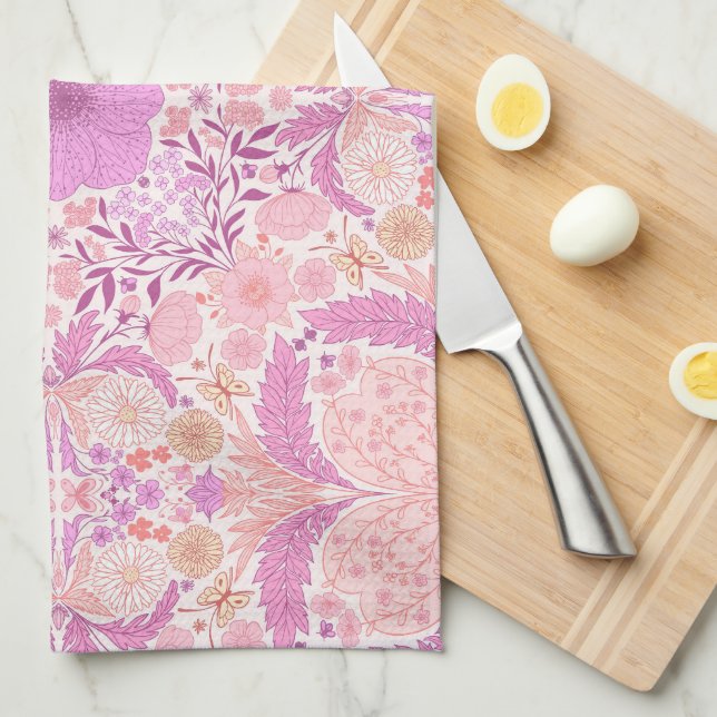 Linge De Cuisine Fleurs de jardin rétro en rose (Quart Plié)