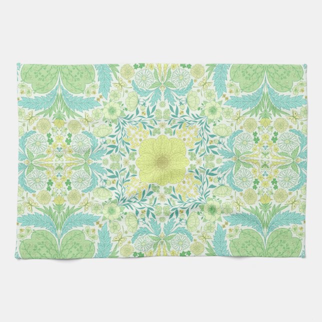 Linge De Cuisine Fleurs de jardin rétro en vert et jaune (Horizontal)