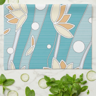 Linge De Cuisine Fleurs de Lotus Jaunes sur les rayures Cyanes