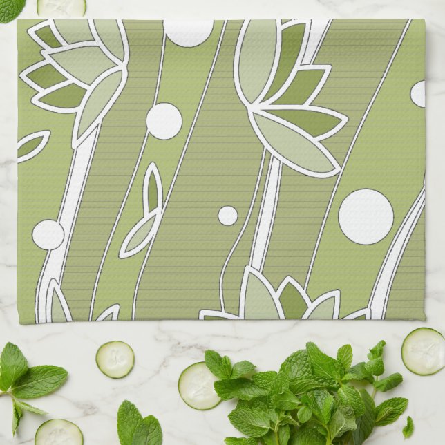 Linge De Cuisine Fleurs de lotus vert sur bandes d'olivier (Plié)