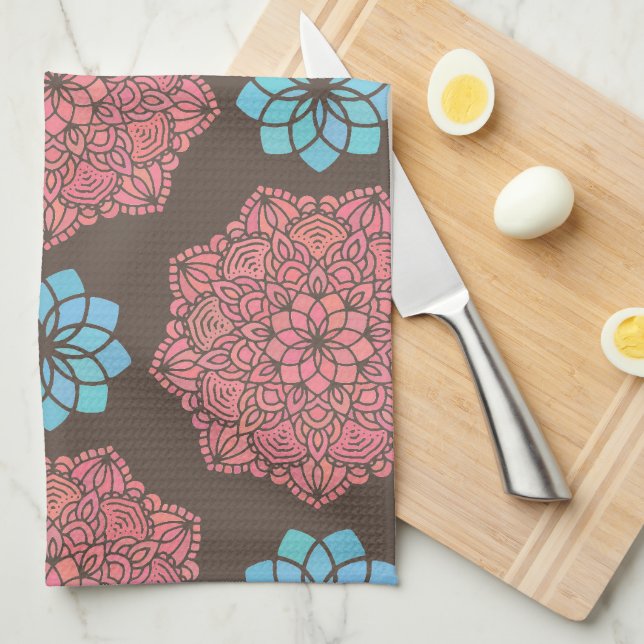 Linge De Cuisine Fleurs de Mandala colorées (Quart Plié)