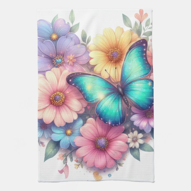 Linge De Cuisine Fleurs de marguerite avec un beau papillon (Vertical)