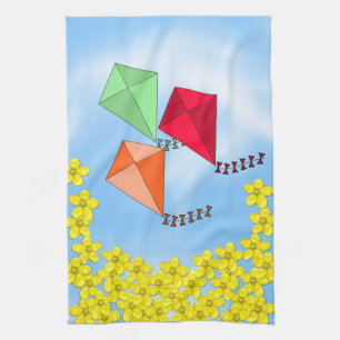 Linge De Cuisine Fleurs de moutarde et cerfs-volants et nuages