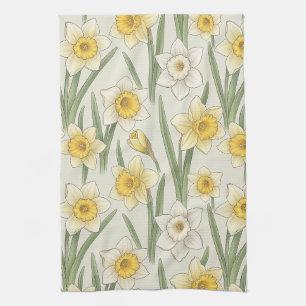 Linge De Cuisine Fleurs de narcisse jaunes vintage sur ivoire