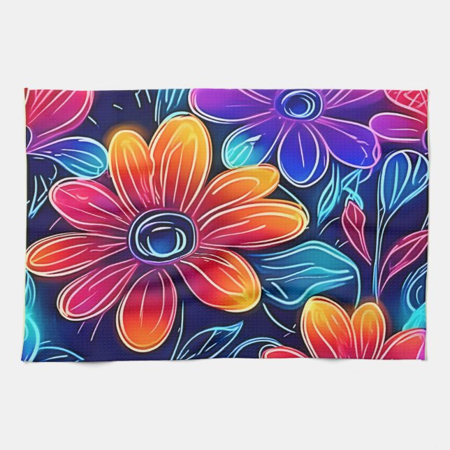 Linge De Cuisine Fleurs de néon en fleurs éclatantes (Horizontal)