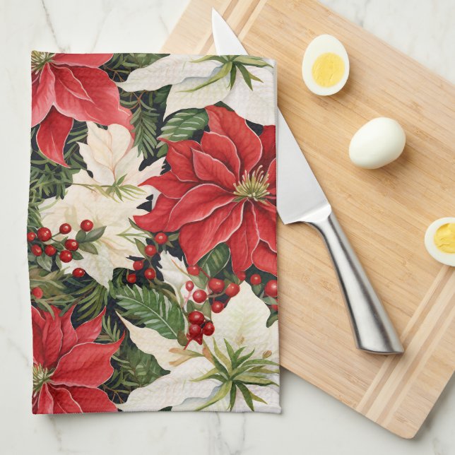 Linge De Cuisine Fleurs de Noël (Quart Plié)
