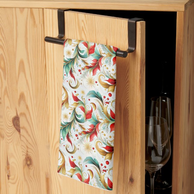 Linge De Cuisine Fleurs de Noël tourbillonnantes (Pliage en tiers)