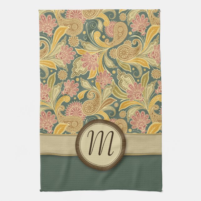 Linge De Cuisine Fleurs de Paisley et de fan avec le monogramme (Vertical)