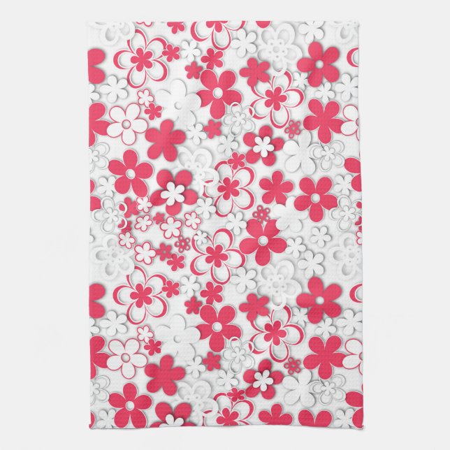Linge De Cuisine Fleurs de papier rouge et blanc (Vertical)