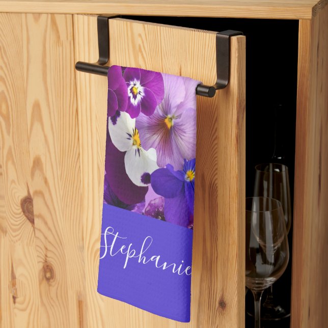 Linge De Cuisine Fleurs de Pensée Fleurie Violet Bleu Blanc Monogra (Pliage en tiers)