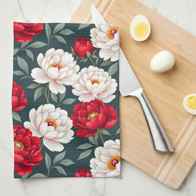 Linge De Cuisine Fleurs de pivoine rouges et blanches  (Quart Plié)