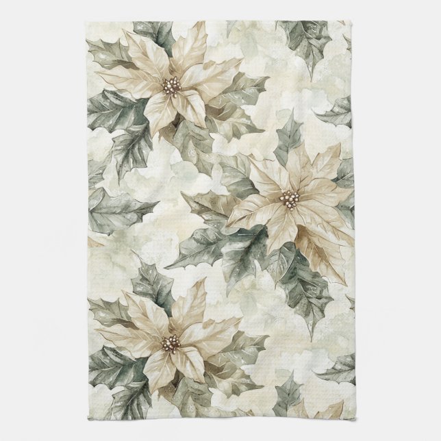 Linge De Cuisine Fleurs de Poinsettia crème (Vertical)