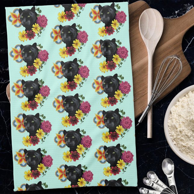 Linge De Cuisine Fleurs de Portrait Jaguar Noir (Créateur téléchargé)