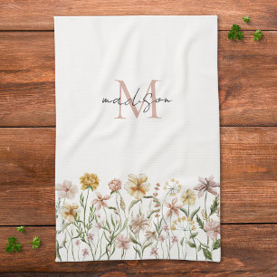 Linge De Cuisine Fleurs de prairie sauvage aquarelle monogrammée