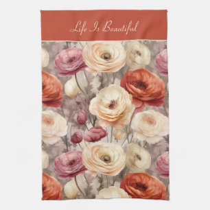 Linge De Cuisine Fleurs de Ranunculus Crème Rose Rouge
