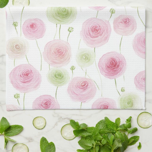 Linge De Cuisine Fleurs de Renoncule Rose Menthe (Plié)