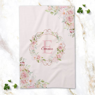 Linge De Cuisine Fleurs de rose rose blush aquarelle à monogramme f