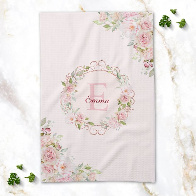 Linge De Cuisine Fleurs de rose rose blush aquarelle à monogramme f (In situ)