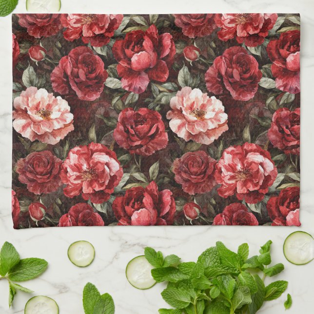 Linge De Cuisine Fleurs de rose rose rouge   (Plié)