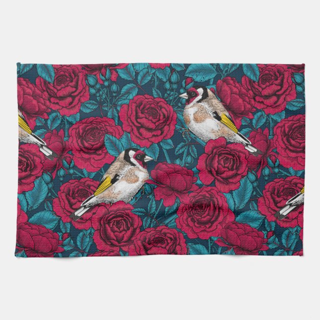 Linge De Cuisine Fleurs de roses rouges et oiseaux d'or (Horizontal)
