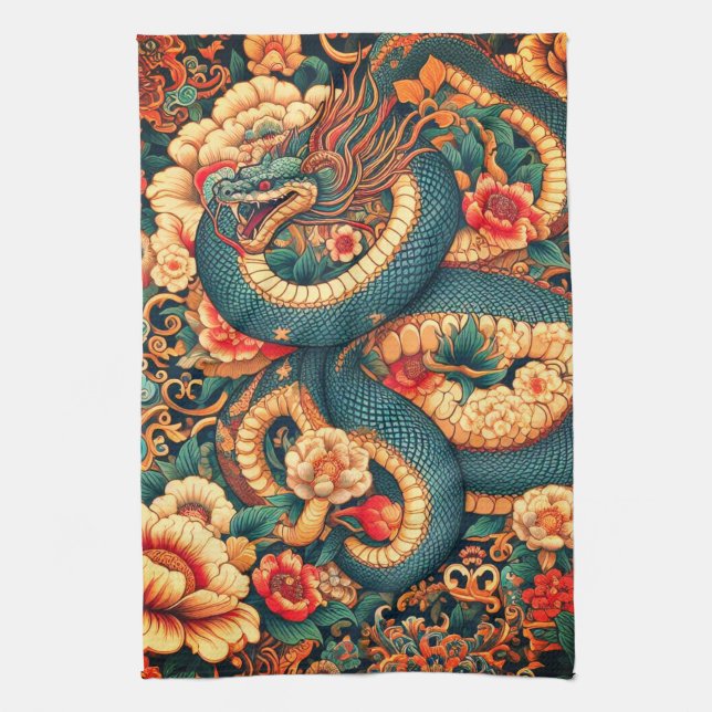Linge De Cuisine Fleurs de serpent vert (Vertical)