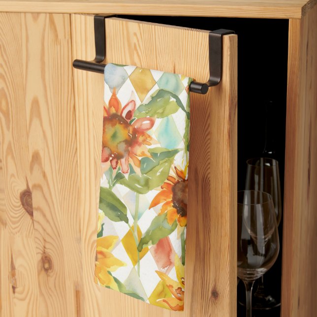Linge De Cuisine Fleurs de soleil Aquarelle florale (Pliage en tiers)