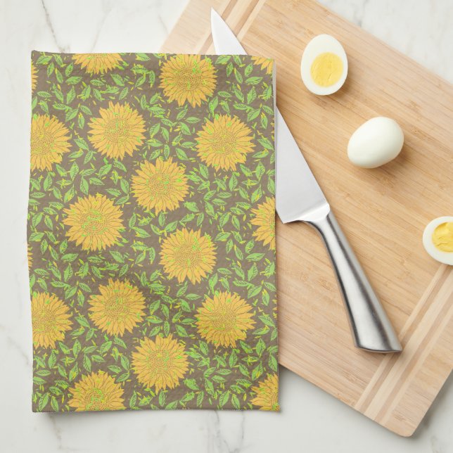 Linge De Cuisine Fleurs de soleil d'été jaune vif (Quart Plié)