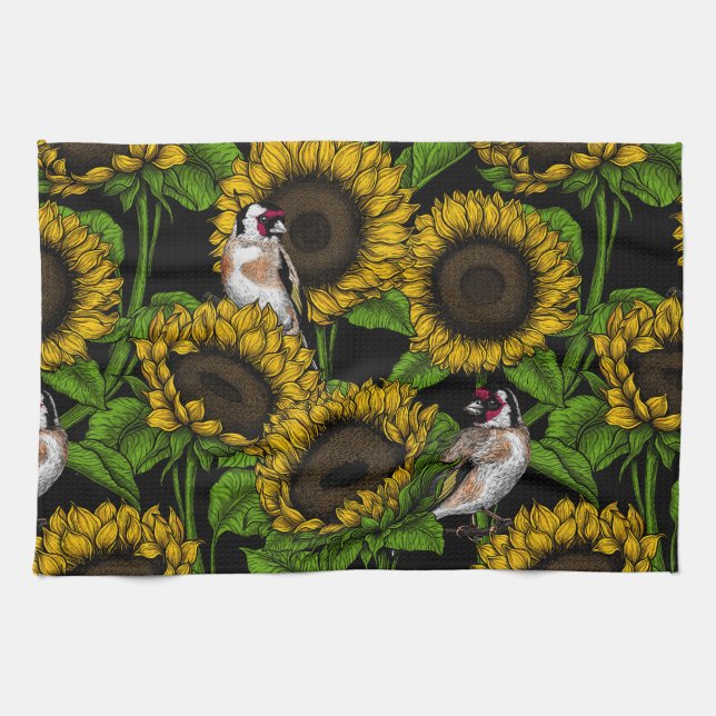 Linge De Cuisine Fleurs de soleil et ailerons sur noir (Horizontal)