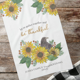 Linge De Cuisine Fleurs de soleil et Corbeau Thanksgiving Famille