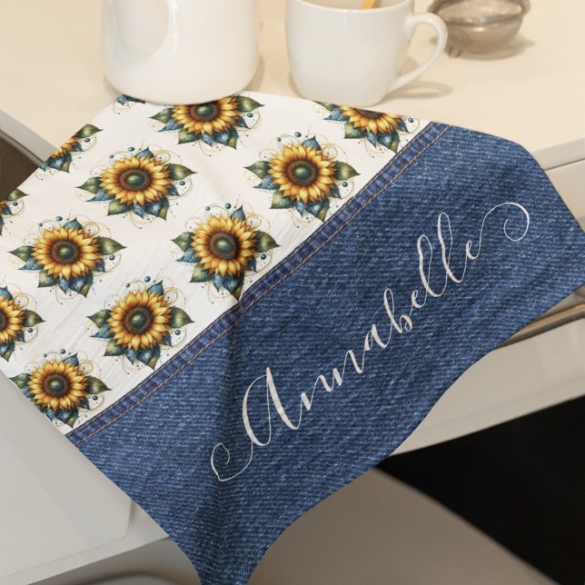 Linge De Cuisine Fleurs de soleil et Faux Denim Fancy Monogramme (Créateur téléchargé)