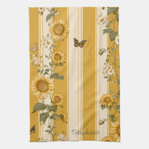 Linge De Cuisine Fleurs de soleil et papillons sur bandes jaunes (2