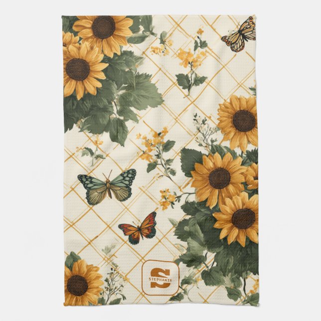 Linge De Cuisine Fleurs de soleil et papillons sur Jaune clair (Vertical)
