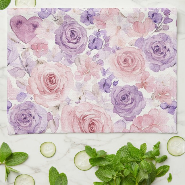 Linge De Cuisine Fleurs de teint rose violet Cœurs   (Plié)