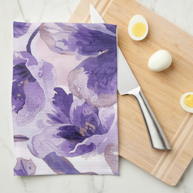 Linge De Cuisine Fleurs de violet aquarelle fleurs violettes peinte (Quart Plié)
