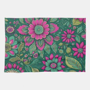 Linge De Cuisine Fleurs Design Rose Vert Retro Classic