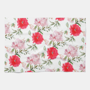 Linge De Cuisine Fleurs d'été à l'aquarelle rose et verte Boho