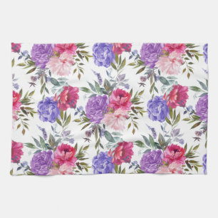 Linge De Cuisine Fleurs d'été rose et violet aquarelle Boho