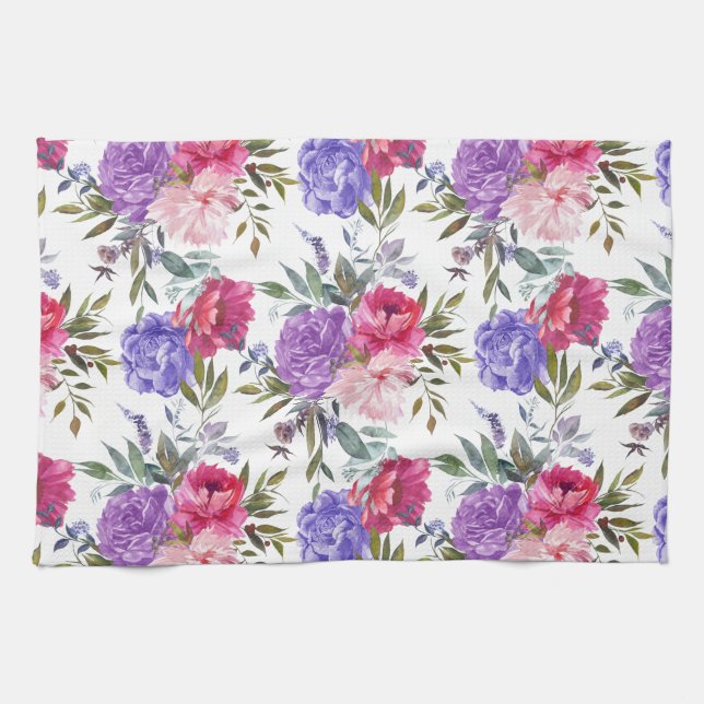 Linge De Cuisine Fleurs d'été rose et violet aquarelle Boho (Horizontal)