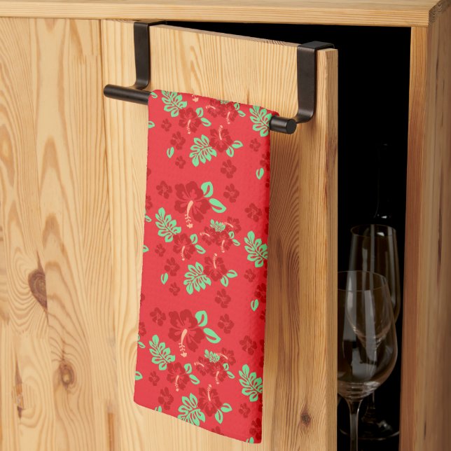 Linge De Cuisine Fleurs d'Hibiscus Motif Tropical Rouge (Pliage en tiers)