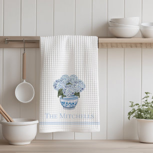 Linge De Cuisine Fleurs d'hortensia en chinoiserie bleue 