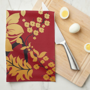 Linge De Cuisine Fleurs d'or orientales sur le rouge