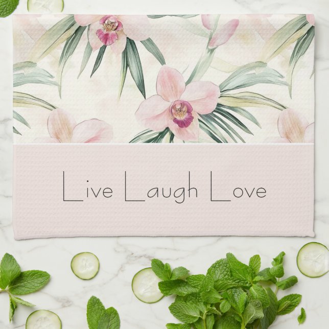 Linge De Cuisine Fleurs d'orchidée rose blush vert Amour (Plié)
