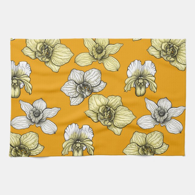 Linge De Cuisine Fleurs d'orchidées jaune et blanc (Horizontal)