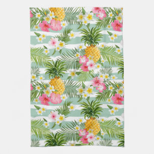 Linge De Cuisine Fleurs et ananas tropicaux sur les rayures