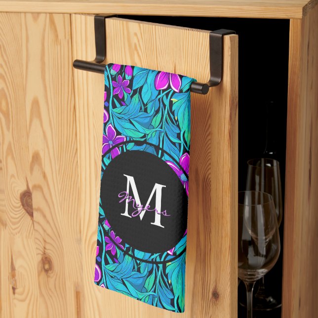 Linge De Cuisine Fleurs et feuillage Turquoises et violets Personna (Pliage en tiers)