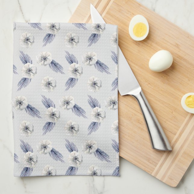 Linge De Cuisine Fleurs et feuillages bleu argenté et blanc (Quart Plié)